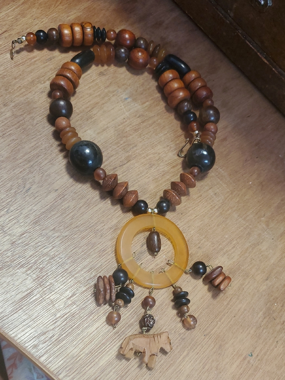 Handcrafted Brown and Amber Beaded Necklace with Bakelite & Wood Pendant D